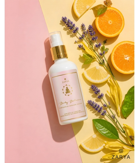 Body Balance Yoga Spray als Flat Lay Bild mit Zitrusfrüchten